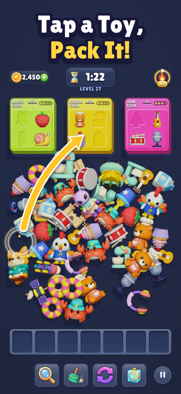 Tap a Toy, Pack It! A toy tapped from the pile flies into its matching Sugar Club pack