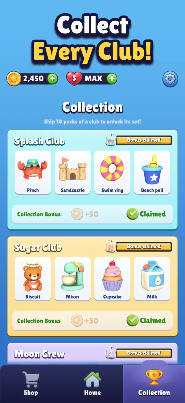 Collect Every Club! The Collection screen with the Splash Club and Sugar Club sets complete