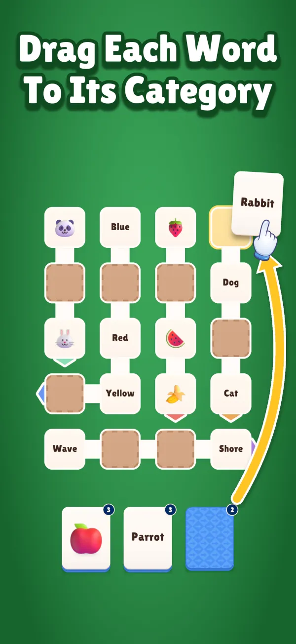 Drag each word to its category: a card dragged toward the arrow whose clue it matches