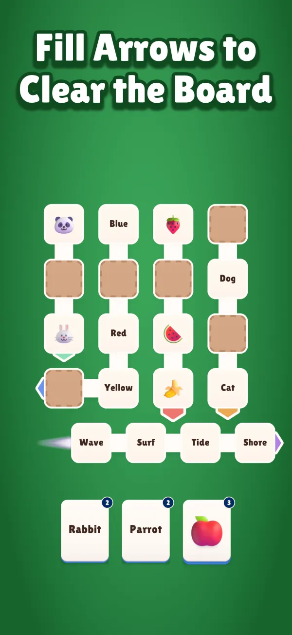 Fill arrows to clear the board: a full arrow sliding off the board