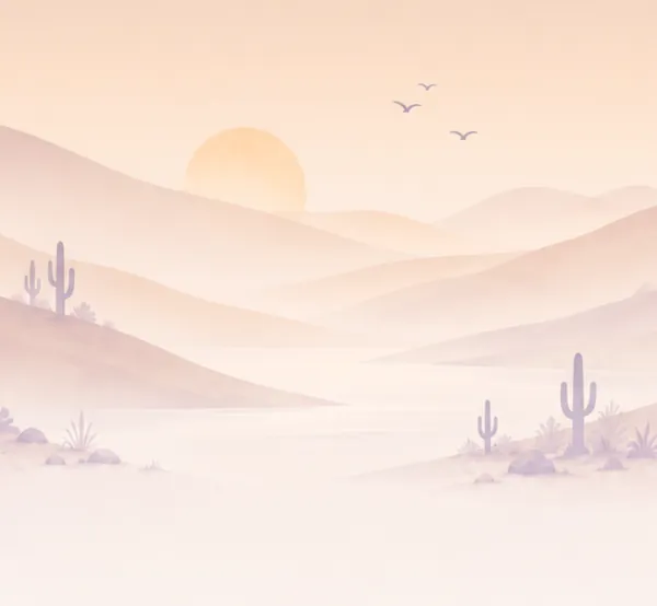 Rose-coloured desert hills, cacti and a still lake under a low sun