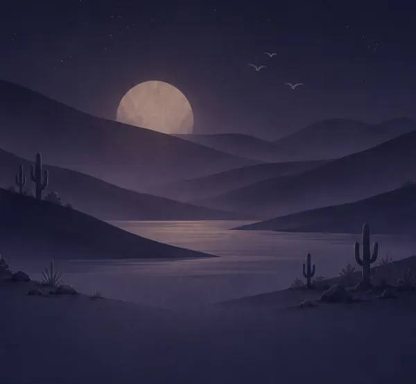 The desert hills and lake in violet shadow under a rising moon