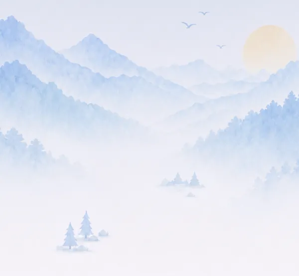 Blue pine-covered ridges fading into morning mist under a pale sun