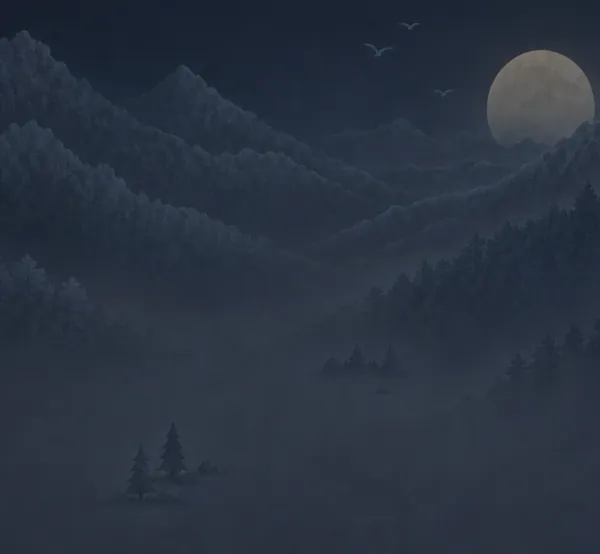 The same pine ridges in deep blue under a full moon